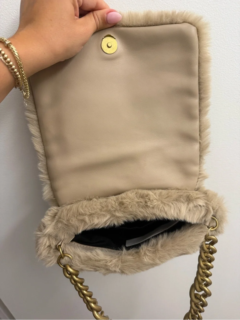 Zara Faux Fur Shoulder Bag with Chunky Gold Chain